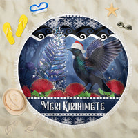 New Zealand Tui Bird Christmas Beach Blanket Pohutukawa Xmas Tree Meri Kirihimete