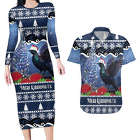 New Zealand Tui Bird Christmas Couples Matching Long Sleeve Bodycon Dress and Hawaiian Shirt Pohutukawa Xmas Tree Meri Kirihimete