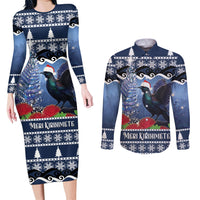 New Zealand Tui Bird Christmas Couples Matching Long Sleeve Bodycon Dress and Long Sleeve Button Shirt Pohutukawa Xmas Tree Meri Kirihimete