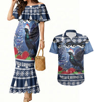 New Zealand Tui Bird Christmas Couples Matching Mermaid Dress and Hawaiian Shirt Pohutukawa Xmas Tree Meri Kirihimete LT22 Blue - Polynesian Pride