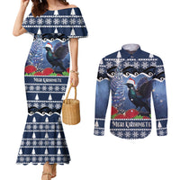 New Zealand Tui Bird Christmas Couples Matching Mermaid Dress and Long Sleeve Button Shirt Pohutukawa Xmas Tree Meri Kirihimete