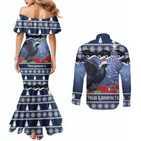 New Zealand Tui Bird Christmas Couples Matching Mermaid Dress and Long Sleeve Button Shirt Pohutukawa Xmas Tree Meri Kirihimete