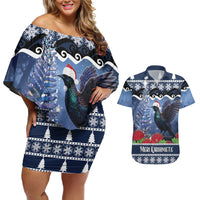 New Zealand Tui Bird Christmas Couples Matching Off Shoulder Short Dress and Hawaiian Shirt Pohutukawa Xmas Tree Meri Kirihimete