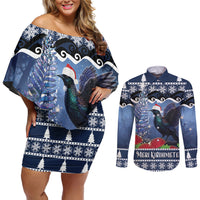 New Zealand Tui Bird Christmas Couples Matching Off Shoulder Short Dress and Long Sleeve Button Shirt Pohutukawa Xmas Tree Meri Kirihimete