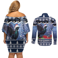 New Zealand Tui Bird Christmas Couples Matching Off Shoulder Short Dress and Long Sleeve Button Shirt Pohutukawa Xmas Tree Meri Kirihimete