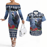 New Zealand Tui Bird Christmas Couples Matching Off The Shoulder Long Sleeve Dress and Hawaiian Shirt Pohutukawa Xmas Tree Meri Kirihimete LT22 Blue - Polynesian Pride