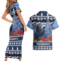 New Zealand Tui Bird Christmas Couples Matching Short Sleeve Bodycon Dress and Hawaiian Shirt Pohutukawa Xmas Tree Meri Kirihimete