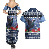 New Zealand Tui Bird Christmas Couples Matching Summer Maxi Dress and Hawaiian Shirt Pohutukawa Xmas Tree Meri Kirihimete