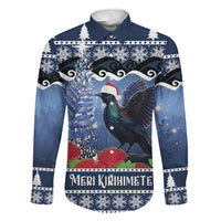 New Zealand Tui Bird Christmas Family Matching Long Sleeve Bodycon Dress and Hawaiian Shirt Pohutukawa Xmas Tree Meri Kirihimete LT22 Daughter's Dress Blue - Polynesian Pride