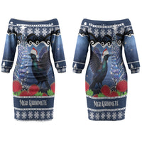 New Zealand Tui Bird Christmas Family Matching Off The Shoulder Long Sleeve Dress and Hawaiian Shirt Pohutukawa Xmas Tree Meri Kirihimete LT22 Mom's Dress Blue - Polynesian Pride