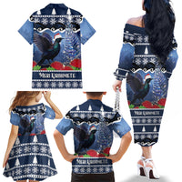 New Zealand Tui Bird Christmas Family Matching Off The Shoulder Long Sleeve Dress and Hawaiian Shirt Pohutukawa Xmas Tree Meri Kirihimete