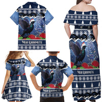 New Zealand Tui Bird Christmas Family Matching Off Shoulder Maxi Dress and Hawaiian Shirt Pohutukawa Xmas Tree Meri Kirihimete LT22 Mom's Dress Blue - Polynesian Pride