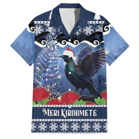 New Zealand Tui Bird Christmas Family Matching Off Shoulder Maxi Dress and Hawaiian Shirt Pohutukawa Xmas Tree Meri Kirihimete LT22 Dad's Shirt - Short Sleeve Blue - Polynesian Pride