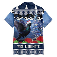 New Zealand Tui Bird Christmas Family Matching Off Shoulder Maxi Dress and Hawaiian Shirt Pohutukawa Xmas Tree Meri Kirihimete LT22 Dad's Shirt - Long Sleeve Blue - Polynesian Pride