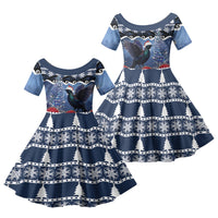 New Zealand Tui Bird Christmas Family Matching Off Shoulder Maxi Dress and Hawaiian Shirt Pohutukawa Xmas Tree Meri Kirihimete LT22 Daughter's Dress Blue - Polynesian Pride