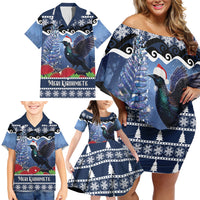 New Zealand Tui Bird Christmas Family Matching Off Shoulder Short Dress and Hawaiian Shirt Pohutukawa Xmas Tree Meri Kirihimete