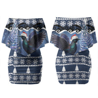 New Zealand Tui Bird Christmas Family Matching Off Shoulder Short Dress and Hawaiian Shirt Pohutukawa Xmas Tree Meri Kirihimete LT22 Mom's Dress Blue - Polynesian Pride