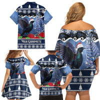 New Zealand Tui Bird Christmas Family Matching Off Shoulder Short Dress and Hawaiian Shirt Pohutukawa Xmas Tree Meri Kirihimete