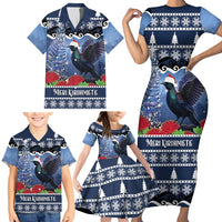New Zealand Tui Bird Christmas Family Matching Short Sleeve Bodycon Dress and Hawaiian Shirt Pohutukawa Xmas Tree Meri Kirihimete LT22 - Polynesian Pride