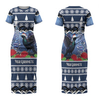 New Zealand Tui Bird Christmas Family Matching Short Sleeve Bodycon Dress and Hawaiian Shirt Pohutukawa Xmas Tree Meri Kirihimete LT22 Mom's Dress Blue - Polynesian Pride
