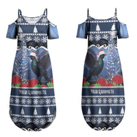 New Zealand Tui Bird Christmas Family Matching Summer Maxi Dress and Hawaiian Shirt Pohutukawa Xmas Tree Meri Kirihimete LT22 Mom's Dress Blue - Polynesian Pride
