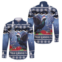 New Zealand Tui Bird Christmas Family Matching Summer Maxi Dress and Hawaiian Shirt Pohutukawa Xmas Tree Meri Kirihimete LT22 Dad's Shirt - Long Sleeve Blue - Polynesian Pride