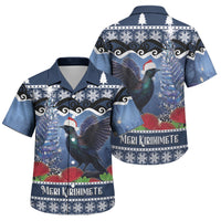 New Zealand Tui Bird Christmas Family Matching Summer Maxi Dress and Hawaiian Shirt Pohutukawa Xmas Tree Meri Kirihimete LT22 Son's Shirt Blue - Polynesian Pride