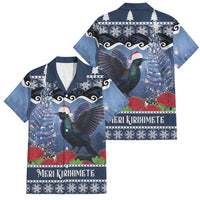 New Zealand Tui Bird Christmas Family Matching Tank Maxi Dress and Hawaiian Shirt Pohutukawa Xmas Tree Meri Kirihimete LT22 Dad's Shirt - Short Sleeve Blue - Polynesian Pride