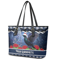 New Zealand Tui Bird Christmas Leather Tote Bag Pohutukawa Xmas Tree Meri Kirihimete