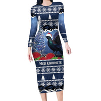 New Zealand Tui Bird Christmas Long Sleeve Bodycon Dress Pohutukawa Xmas Tree Meri Kirihimete