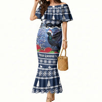 New Zealand Tui Bird Christmas Mermaid Dress Pohutukawa Xmas Tree Meri Kirihimete LT22 Women Blue - Polynesian Pride