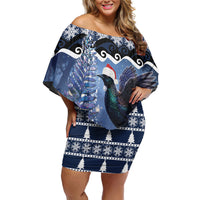 New Zealand Tui Bird Christmas Off Shoulder Short Dress Pohutukawa Xmas Tree Meri Kirihimete