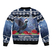 New Zealand Tui Bird Christmas Sleeve Zip Bomber Jacket Pohutukawa Xmas Tree Meri Kirihimete