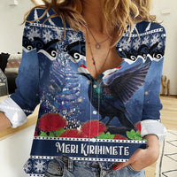 New Zealand Tui Bird Christmas Women Casual Shirt Pohutukawa Xmas Tree Meri Kirihimete