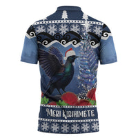 New Zealand Tui Bird Christmas Zipper Polo Shirt Pohutukawa Xmas Tree Meri Kirihimete
