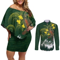 Kea Bird Kowhai New Zealand Couples Matching Off Shoulder Short Dress and Long Sleeve Button Shirt Mountain Landscape Maori Art