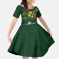 Kea Bird Kowhai New Zealand Family Matching Off The Shoulder Long Sleeve Dress and Hawaiian Shirt Mountain Landscape Maori Art LT22 Daughter's Dress Green - Polynesian Pride