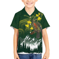 Kea Bird Kowhai New Zealand Family Matching Off The Shoulder Long Sleeve Dress and Hawaiian Shirt Mountain Landscape Maori Art LT22 Son's Shirt Green - Polynesian Pride