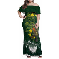 Kea Bird Kowhai New Zealand Family Matching Off Shoulder Maxi Dress and Hawaiian Shirt Mountain Landscape Maori Art