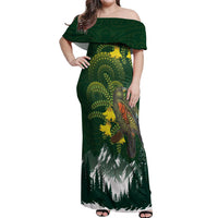 Kea Bird Kowhai New Zealand Off Shoulder Maxi Dress Mountain Landscape Maori Art LT22 Women Green - Polynesian Pride