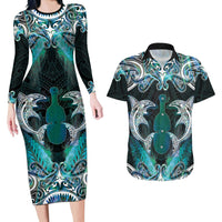 New Zealand Kotiate Weapon Couples Matching Long Sleeve Bodycon Dress and Hawaiian Shirt Aotearoa Mango Paua Shell Maori Pattern LT22 Blue - Polynesian Pride