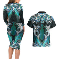 New Zealand Kotiate Weapon Couples Matching Long Sleeve Bodycon Dress and Hawaiian Shirt Aotearoa Mango Paua Shell Maori Pattern LT22 - Polynesian Pride