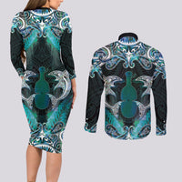 New Zealand Kotiate Weapon Couples Matching Long Sleeve Bodycon Dress and Long Sleeve Button Shirt Aotearoa Mango Paua Shell Maori Pattern LT22 - Polynesian Pride
