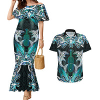 New Zealand Kotiate Weapon Couples Matching Mermaid Dress and Hawaiian Shirt Aotearoa Mango Paua Shell Maori Pattern LT22 Blue - Polynesian Pride