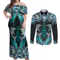 New Zealand Kotiate Weapon Couples Matching Off Shoulder Maxi Dress and Long Sleeve Button Shirt Aotearoa Mango Paua Shell Maori Pattern