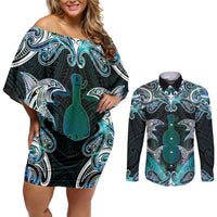 New Zealand Kotiate Weapon Couples Matching Off Shoulder Short Dress and Long Sleeve Button Shirt Aotearoa Mango Paua Shell Maori Pattern LT22 Blue - Polynesian Pride