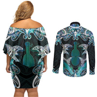 New Zealand Kotiate Weapon Couples Matching Off Shoulder Short Dress and Long Sleeve Button Shirt Aotearoa Mango Paua Shell Maori Pattern LT22 - Polynesian Pride