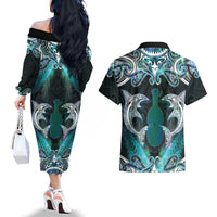 New Zealand Kotiate Weapon Couples Matching Off The Shoulder Long Sleeve Dress and Hawaiian Shirt Aotearoa Mango Paua Shell Maori Pattern LT22 - Polynesian Pride