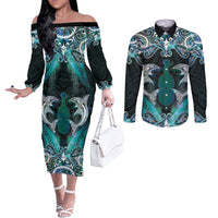 New Zealand Kotiate Weapon Couples Matching Off The Shoulder Long Sleeve Dress and Long Sleeve Button Shirt Aotearoa Mango Paua Shell Maori Pattern LT22 Blue - Polynesian Pride