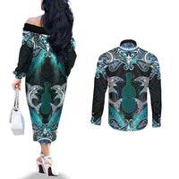 New Zealand Kotiate Weapon Couples Matching Off The Shoulder Long Sleeve Dress and Long Sleeve Button Shirt Aotearoa Mango Paua Shell Maori Pattern LT22 - Polynesian Pride